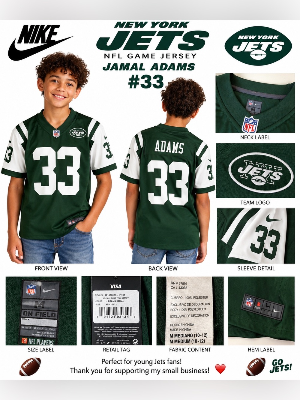 Nike New York Jets Jamal Adams #33 Youth Medium 10/12 NFL Jersey NWT
